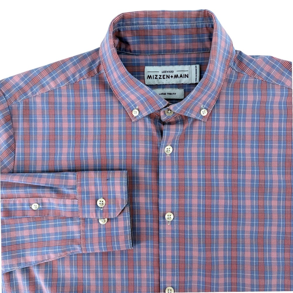 Mizzen+Main Leeward Dress Shirt Mens Large Trim Fit Red Blue Plaid Button Down